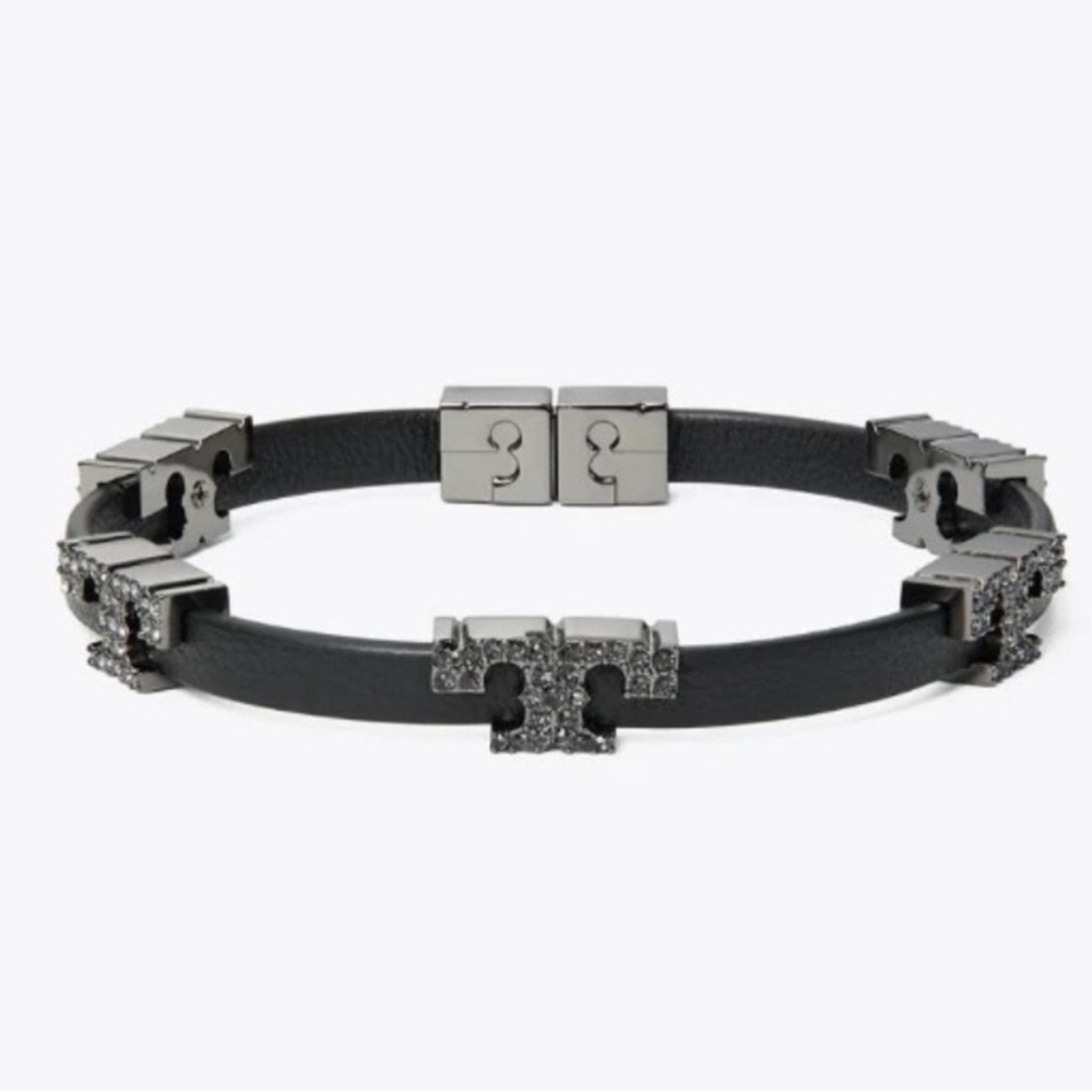 Tory Burch Serif T Bracelet with Pave Stones and Black Leather
